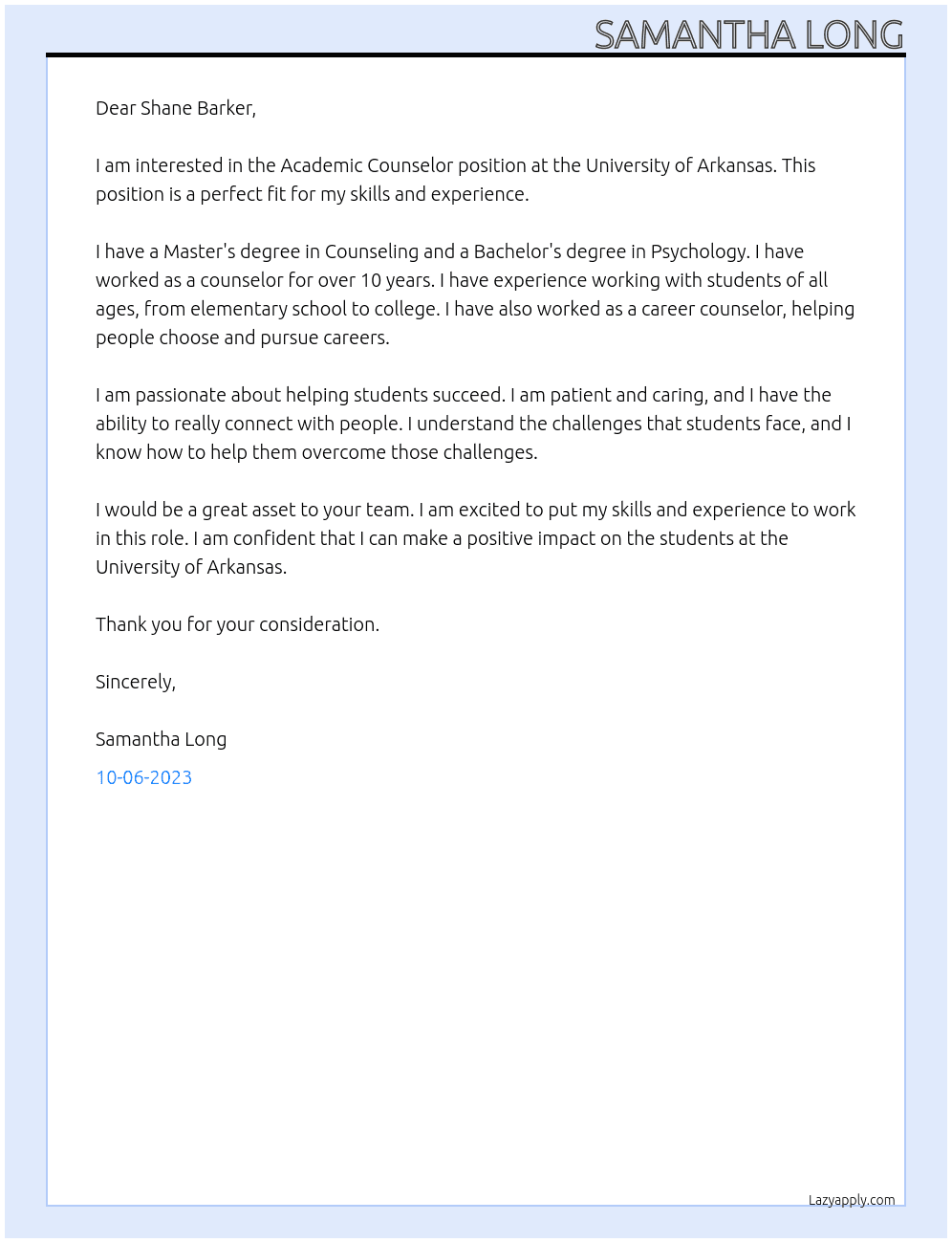 Academic Counselor At University of Arkansas Cover Letter