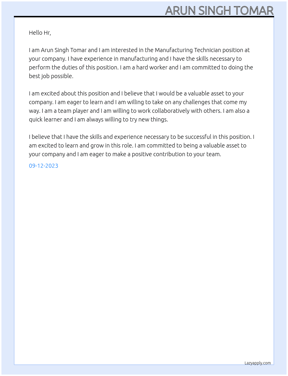 Manufacturing Technician At Na Cover Letter
