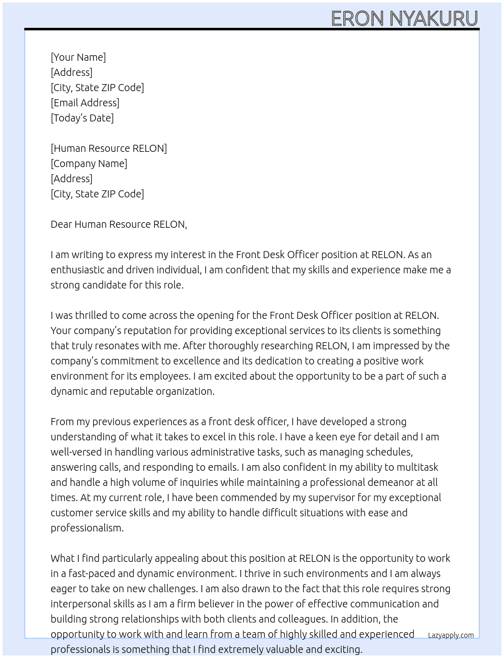 front desk officer At RELON Cover Letter