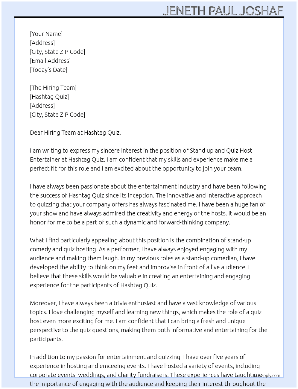 Stand up and quiz host entertainer At Hastag Quiz Cover Letter