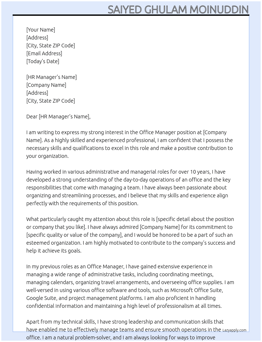 Office Manager  At HR Manager Cover Letter
