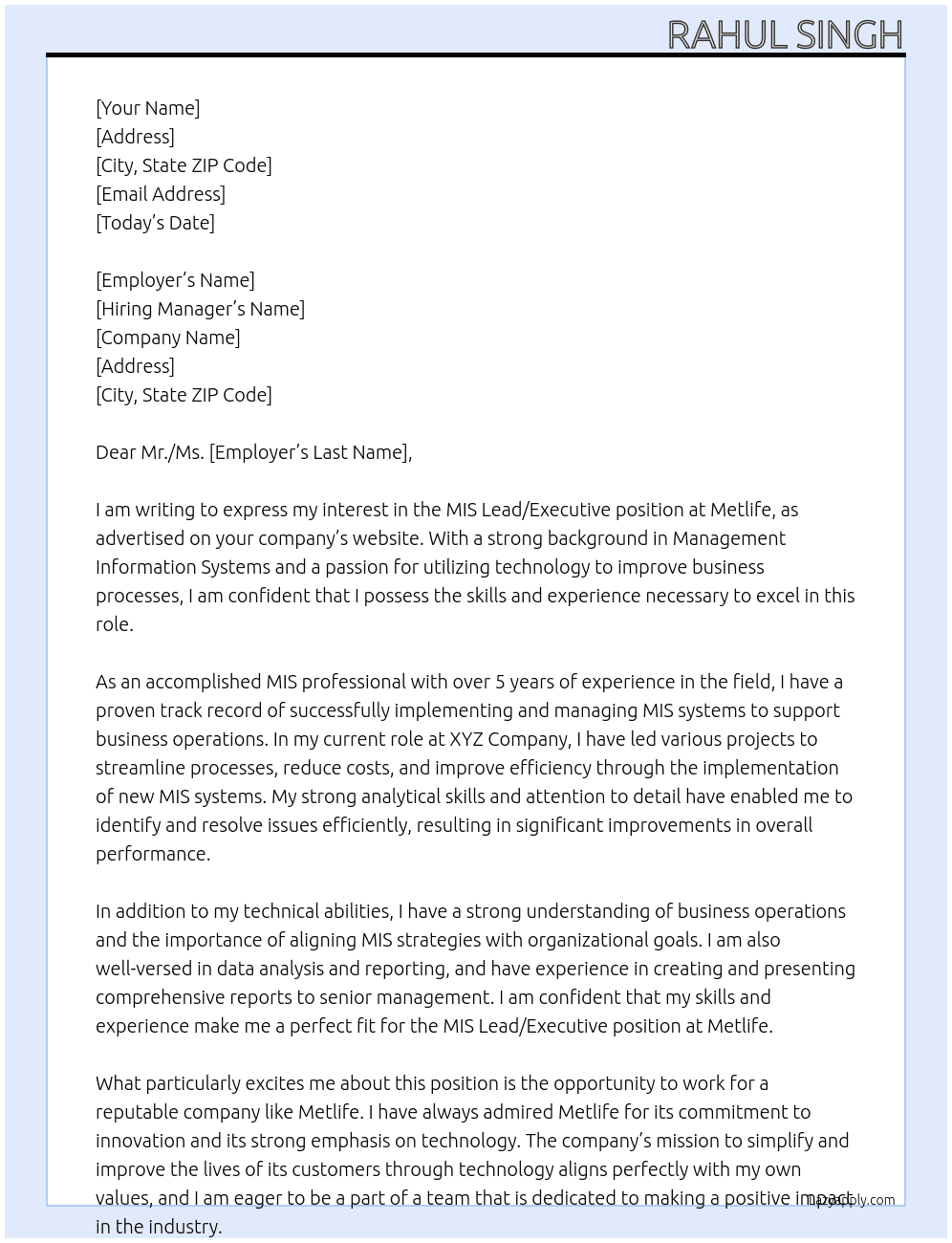 MIS Lead/Executive At Metlife Cover Letter