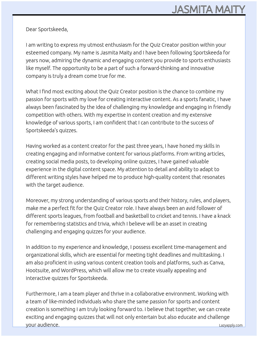 Quiz Creator At Sportskeeda Cover Letter