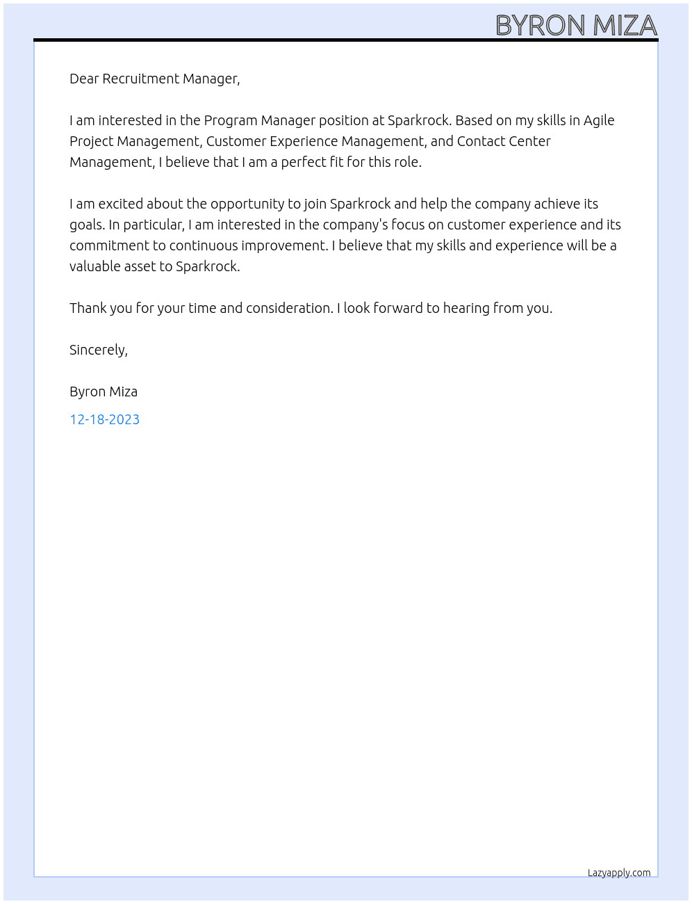 Program Manager At Sparkrock Cover Letter