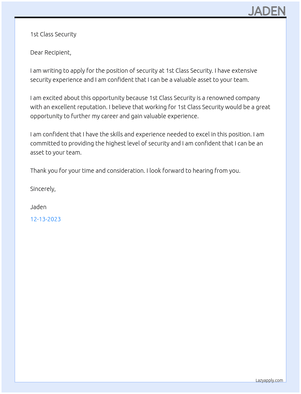 Security At 1st Class Security Cover Letter