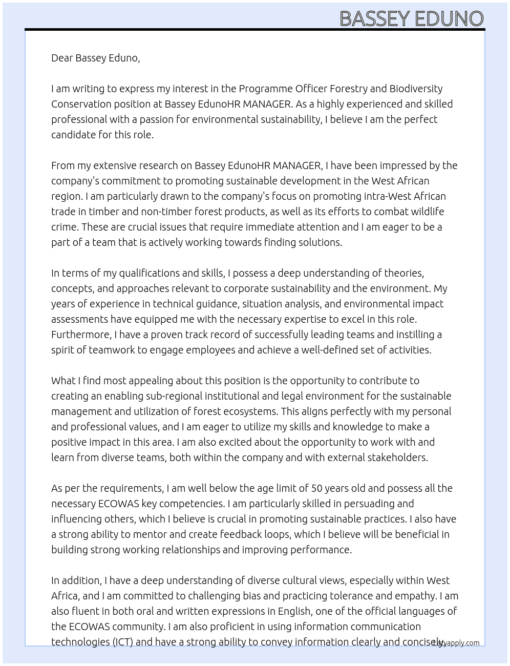 programme officer Forestry and biodiversity conservation At Bassey EdunoHR MANAGER Cover Letter