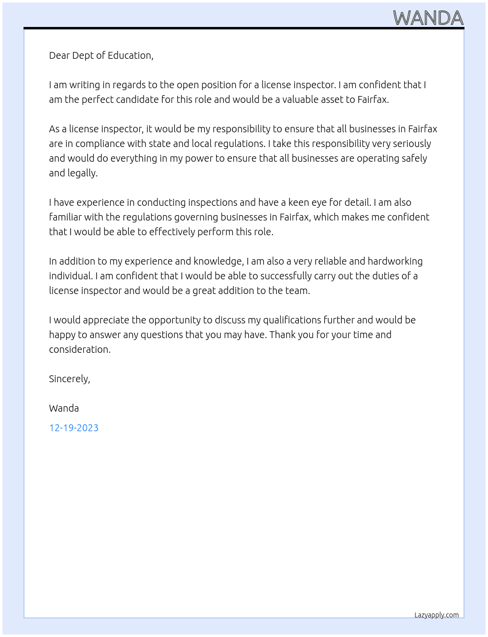 license inspector At fairfax  Cover Letter