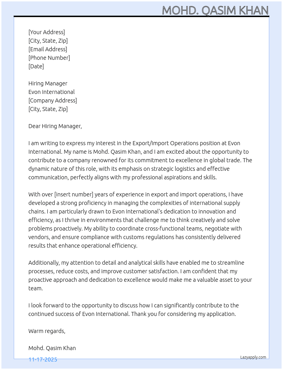 Export/Import operations At Evon International Cover Letter