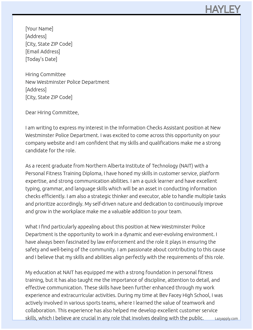 Information Checks Assistant At New Westminster Police Department Cover Letter