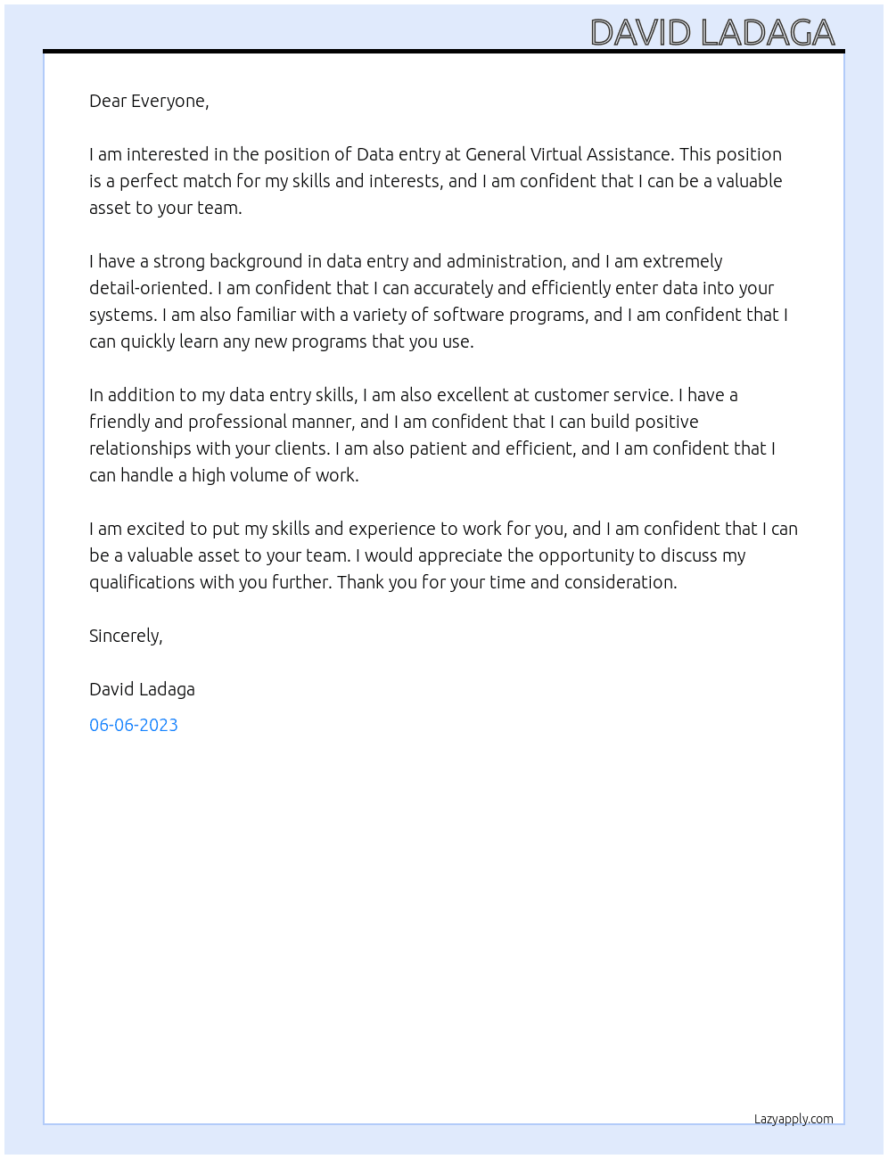 Data entry  At General Virtual Assistance  Cover Letter