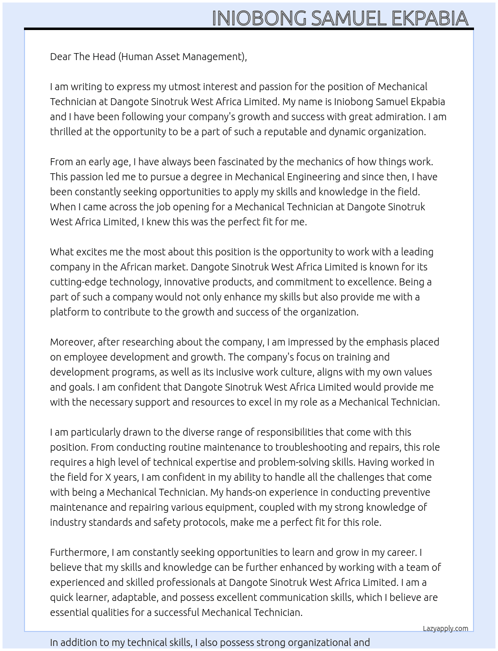 Mechanical Technician  At Dangote Sinotruk west Africa Limited  Cover Letter