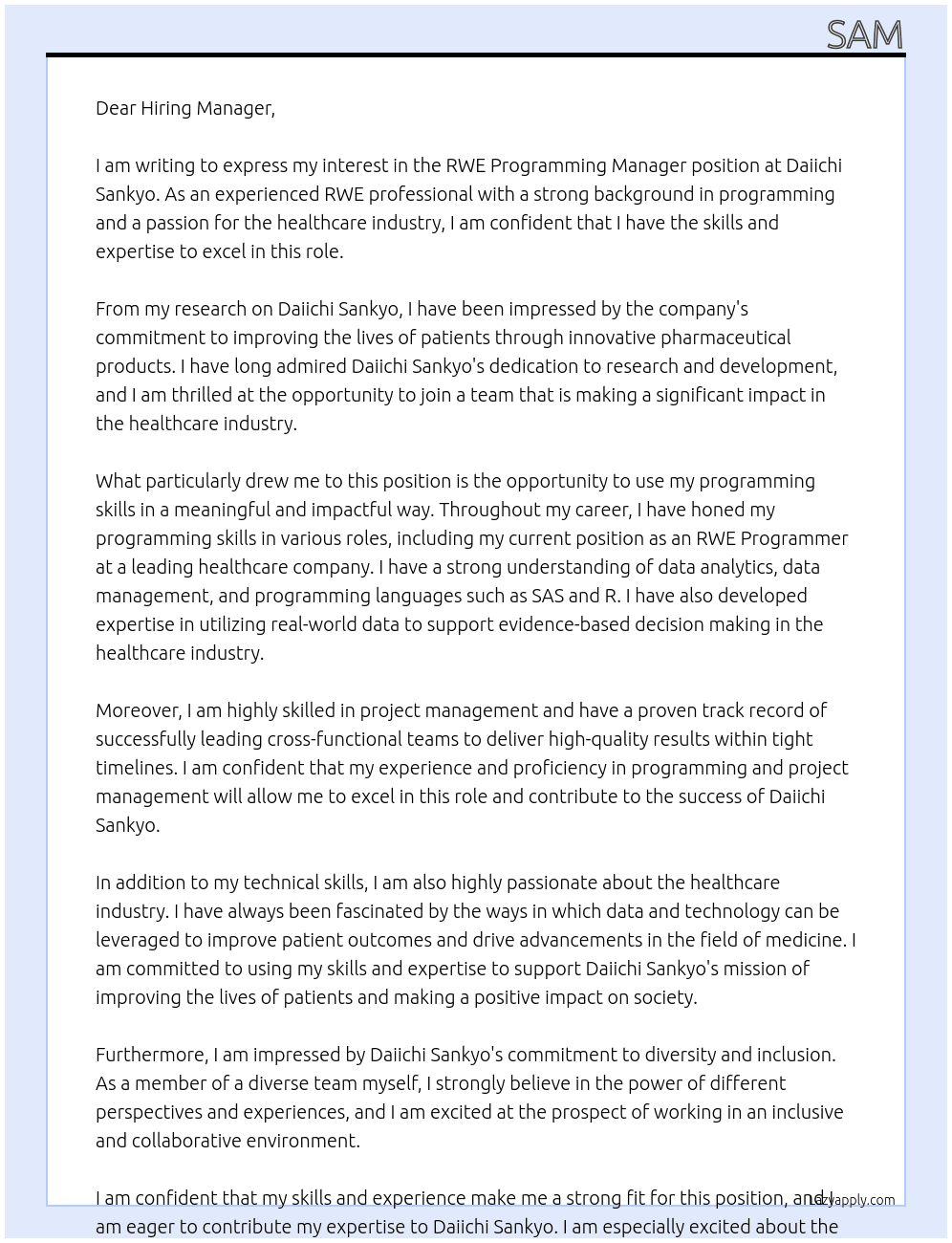 RWE programming Manager At Daiichi Sankyo Cover Letter