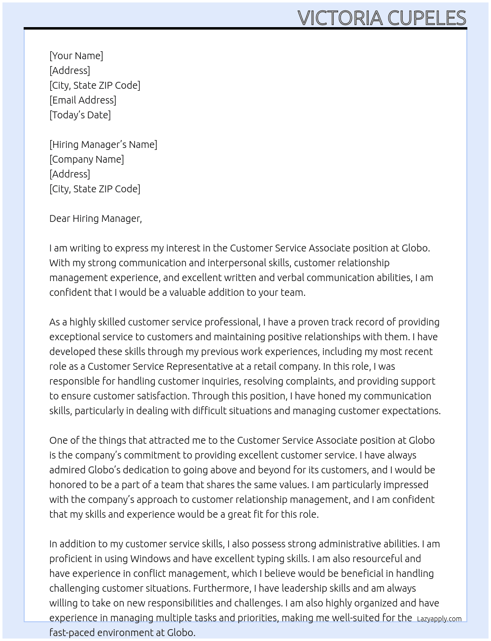 Customer service associate  At Globo Cover Letter