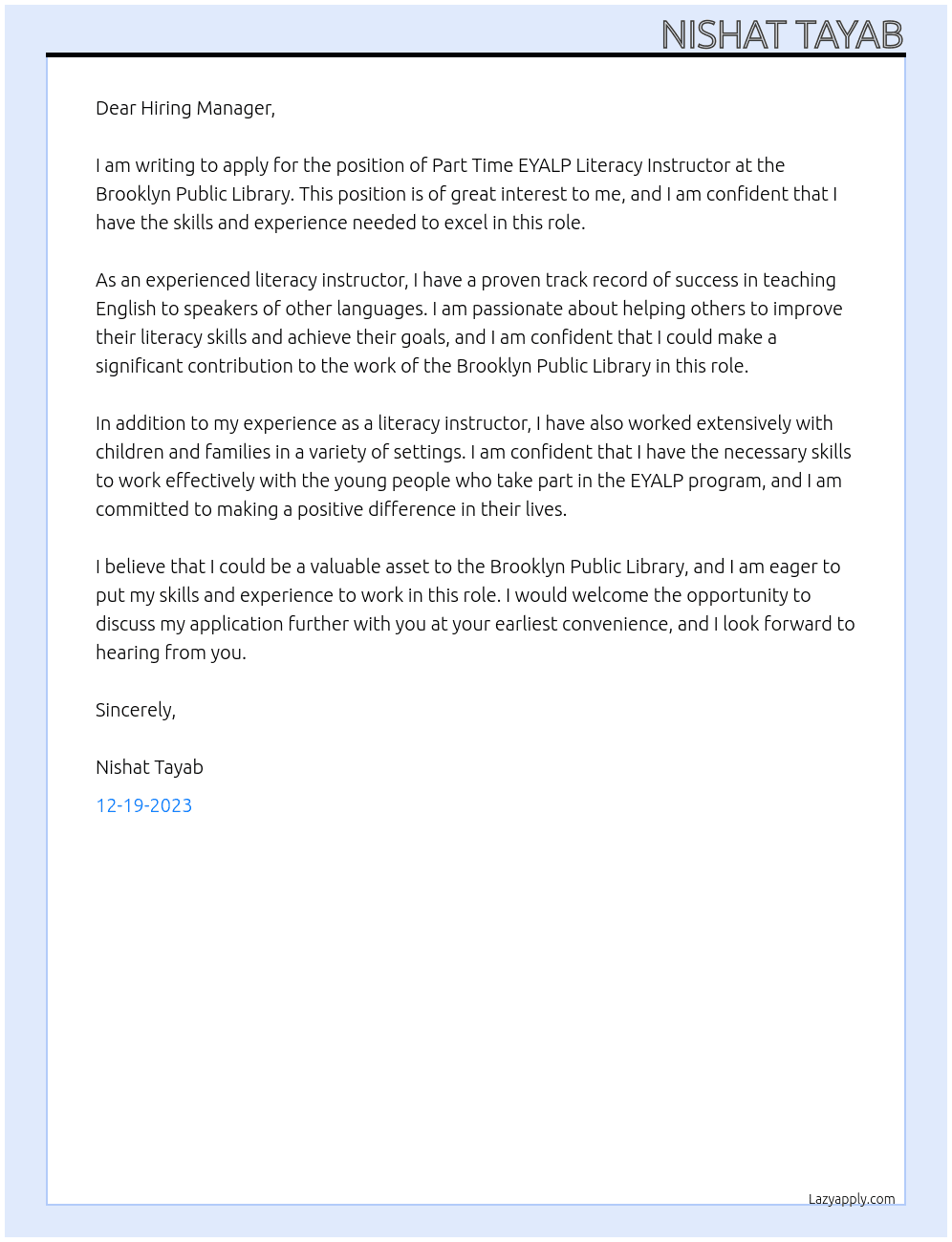 Part Time EYALP Literacy Instructor At Brooklyn Public Library Cover Letter