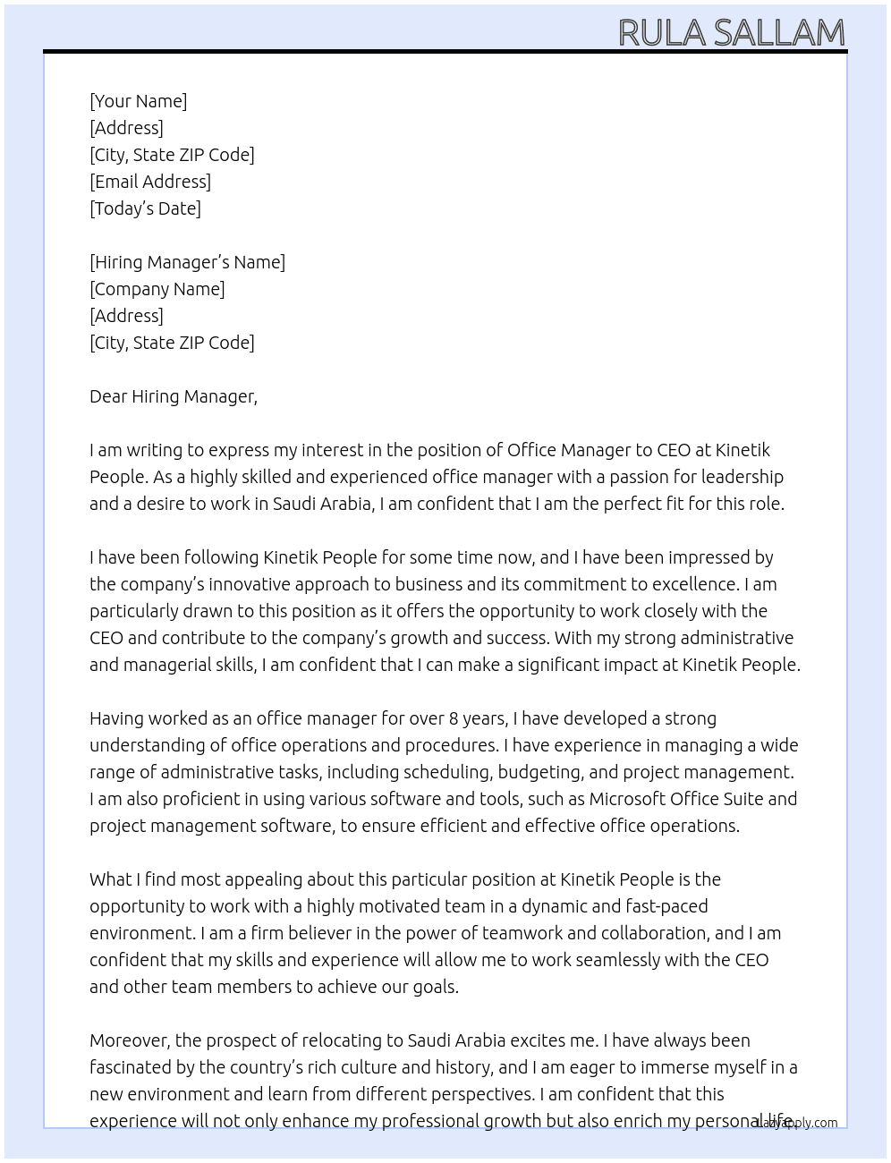  Office Manager to CEO (Relocation to Saudi Arabia At Kinetik People Cover Letter