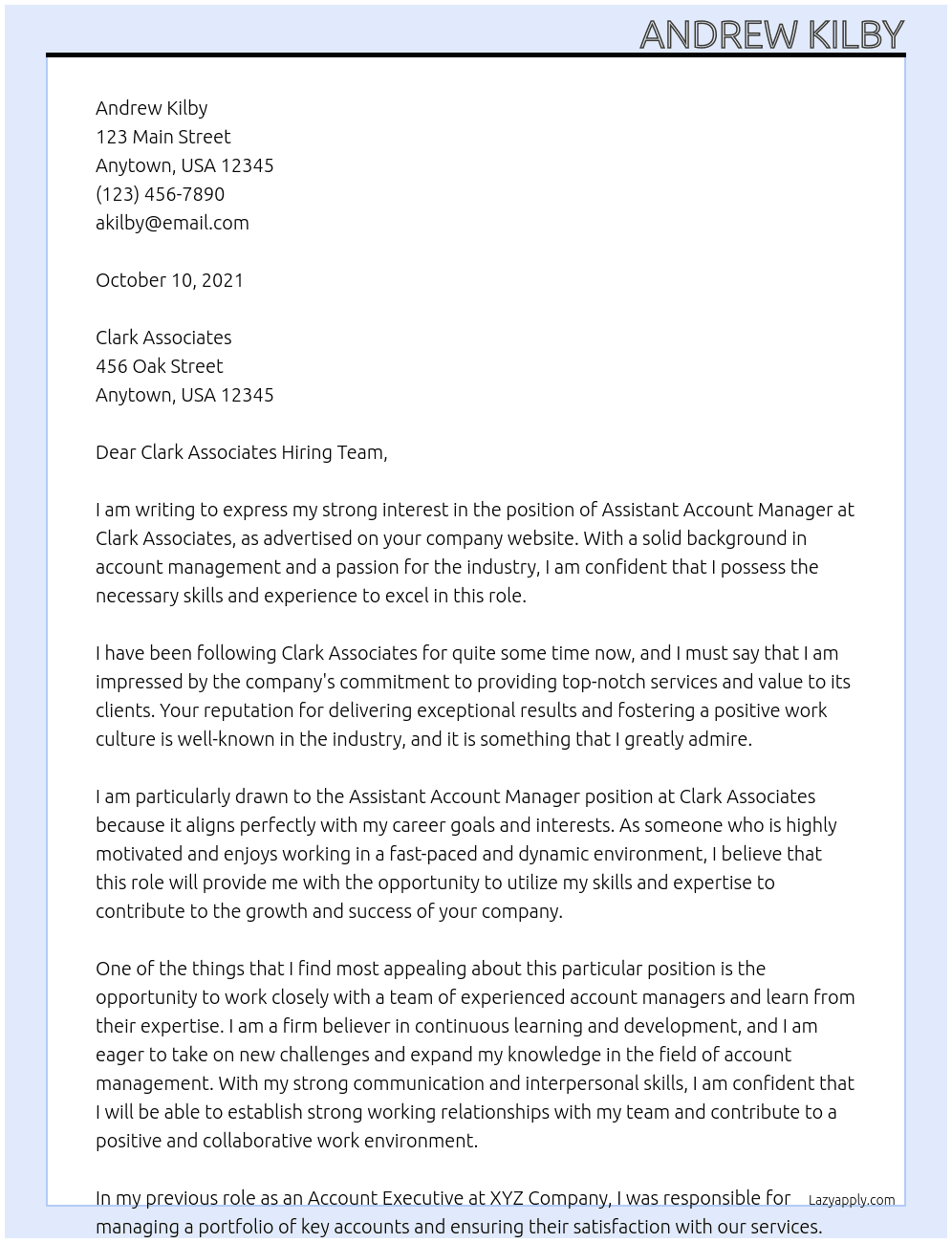 Assistant Account Manager At Clark Associates Cover Letter