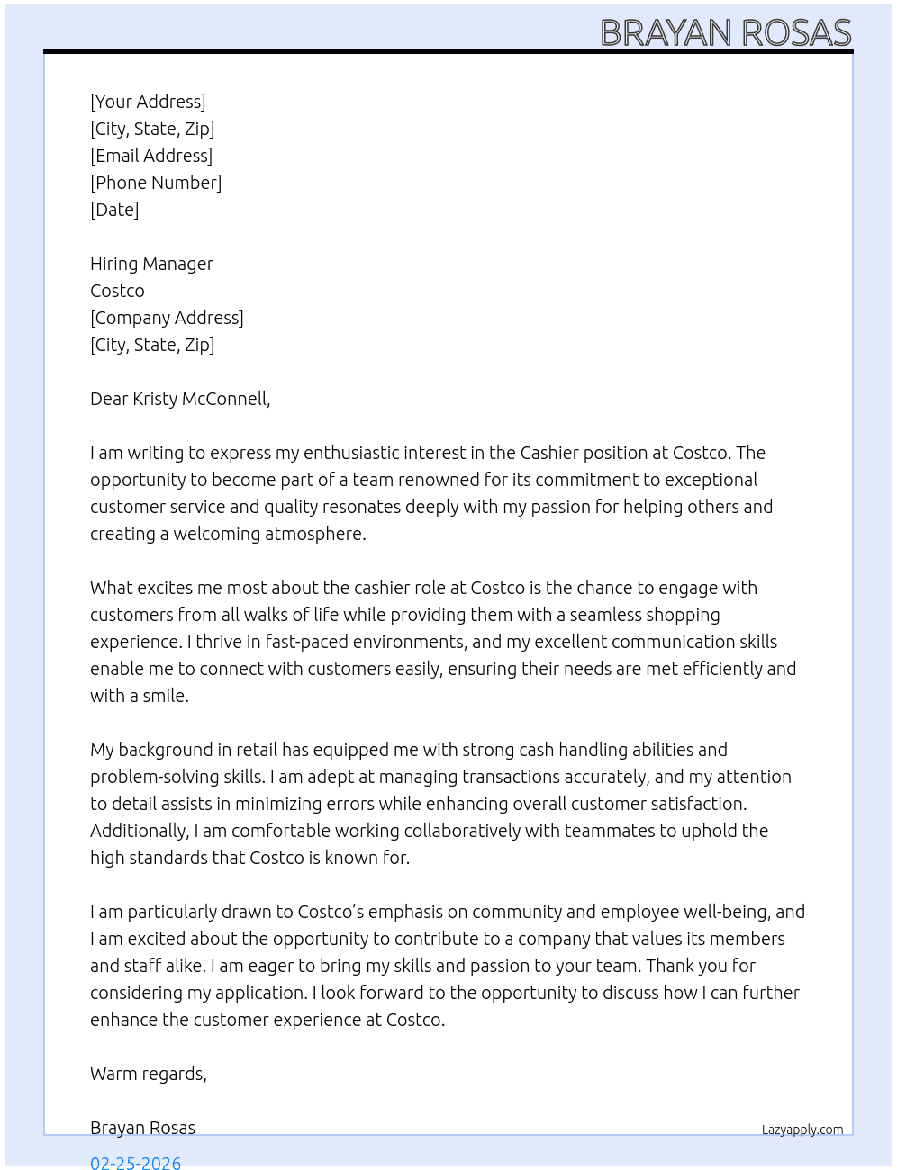 Cashier  At costco  Cover Letter