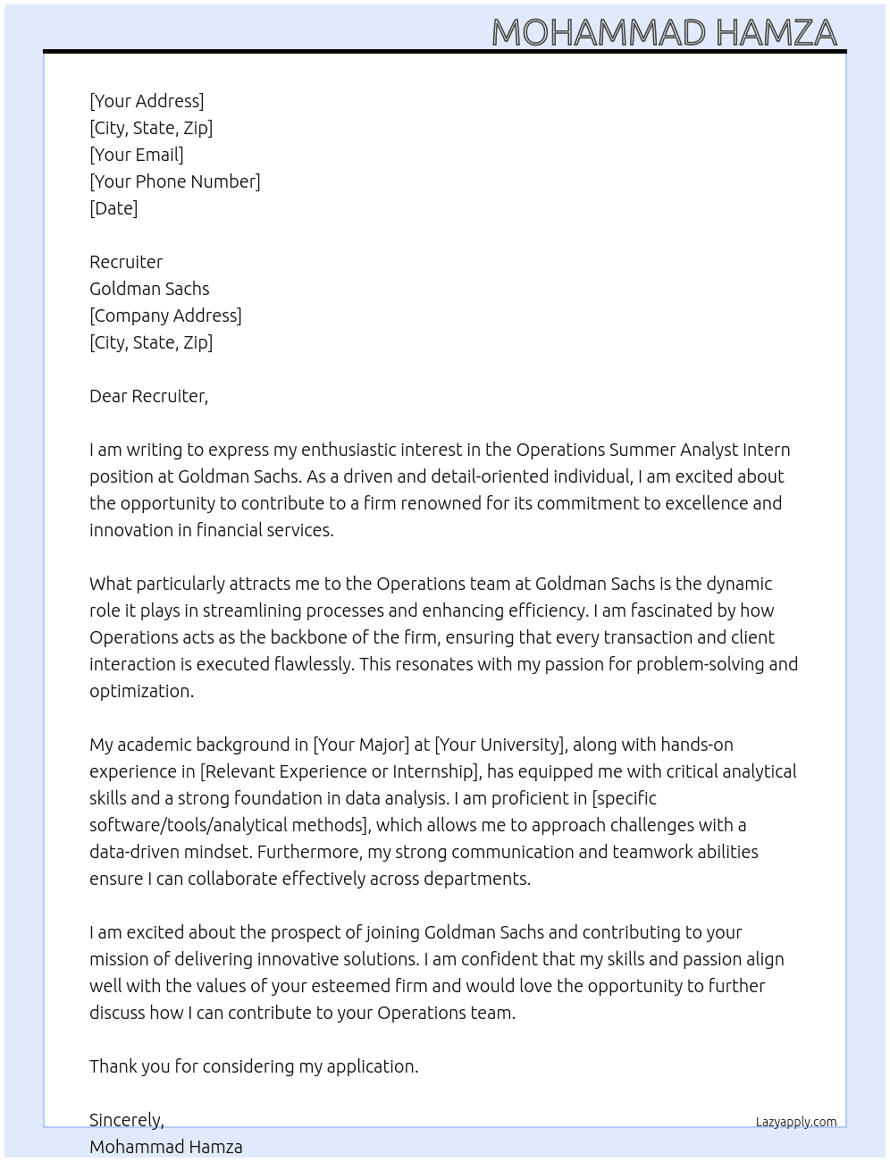 Cover letter for operations summer analyst intern - LazyApply
