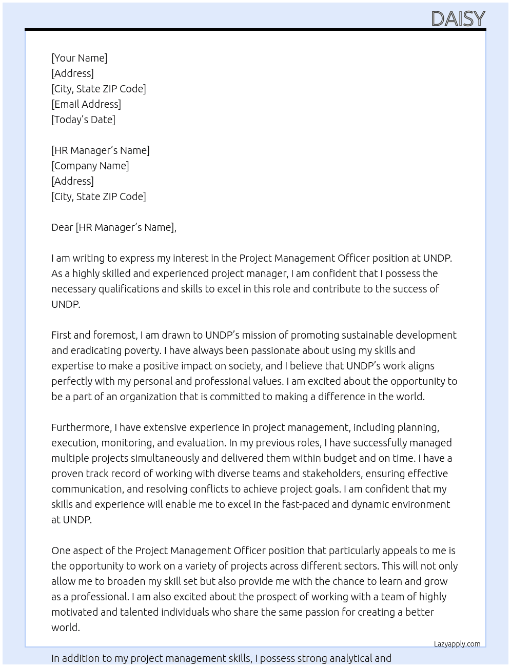 Project Management officer At UNDP Cover Letter