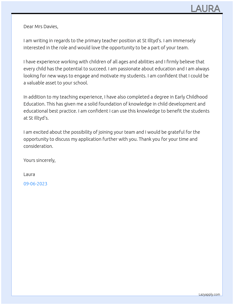Primary teacher  At St Illtyd's Cover Letter