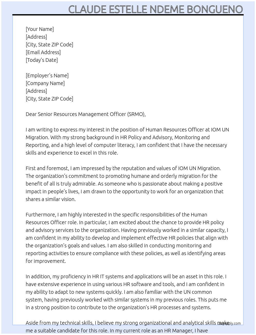  Human Resources Officer At IOM UN Migration Cover Letter