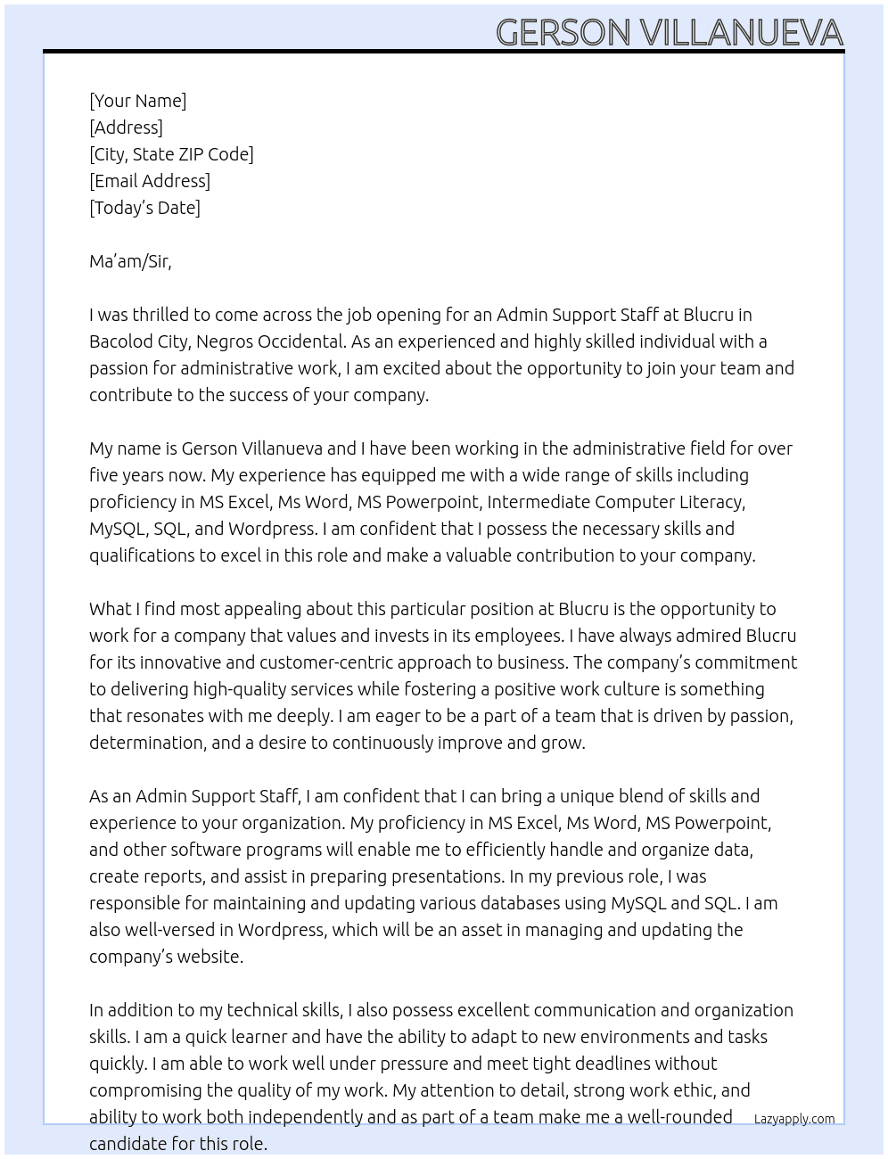 Admin Support Staff At Blucru Cover Letter