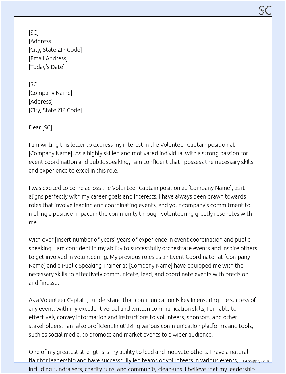 Volunteer Captain  At SC Cover Letter