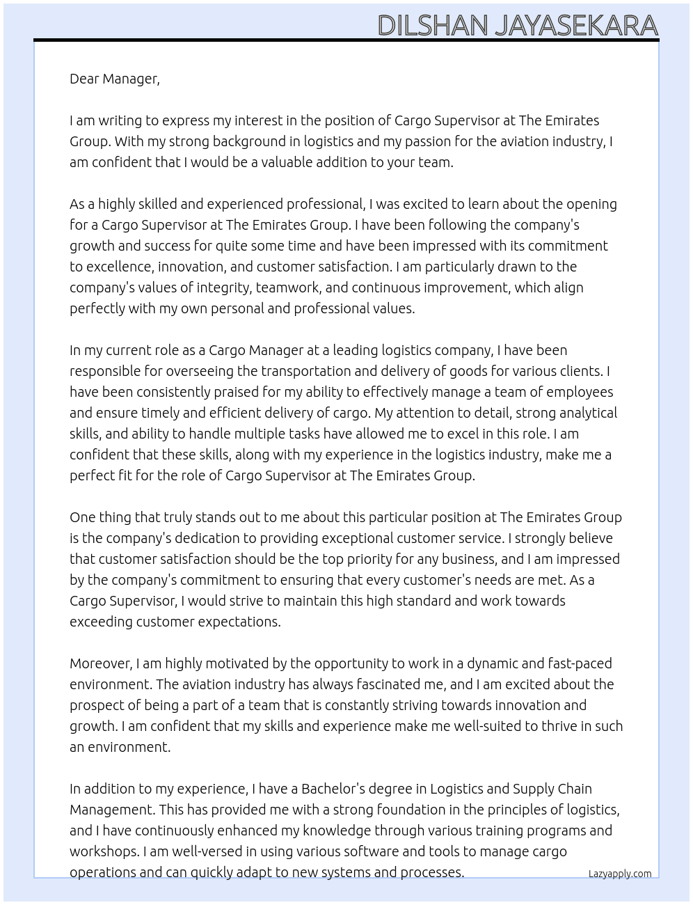 CARGO SUPERVISOR  At The emirates group Cover Letter