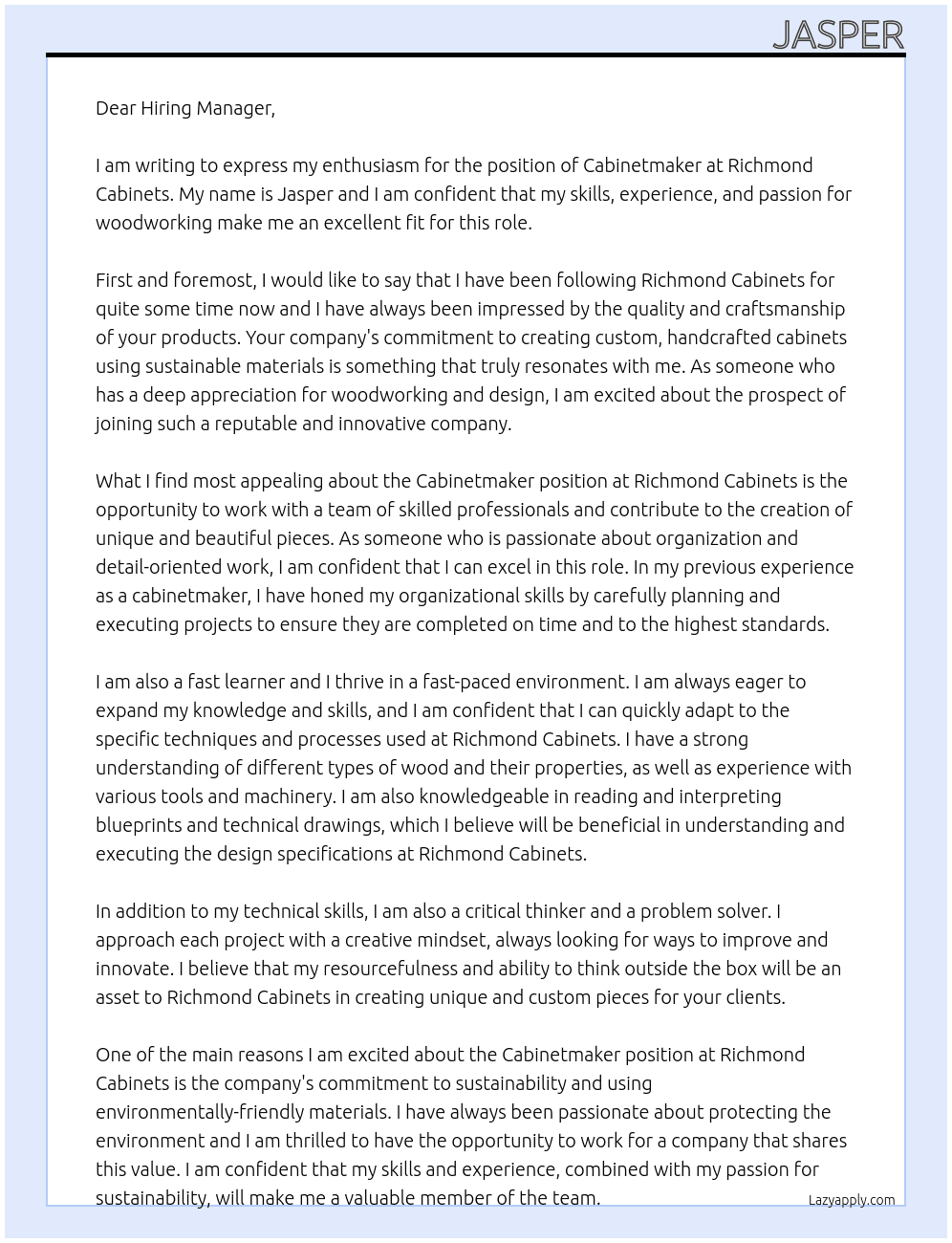 Cabinetmaker At Richmond Cabinets Cover Letter