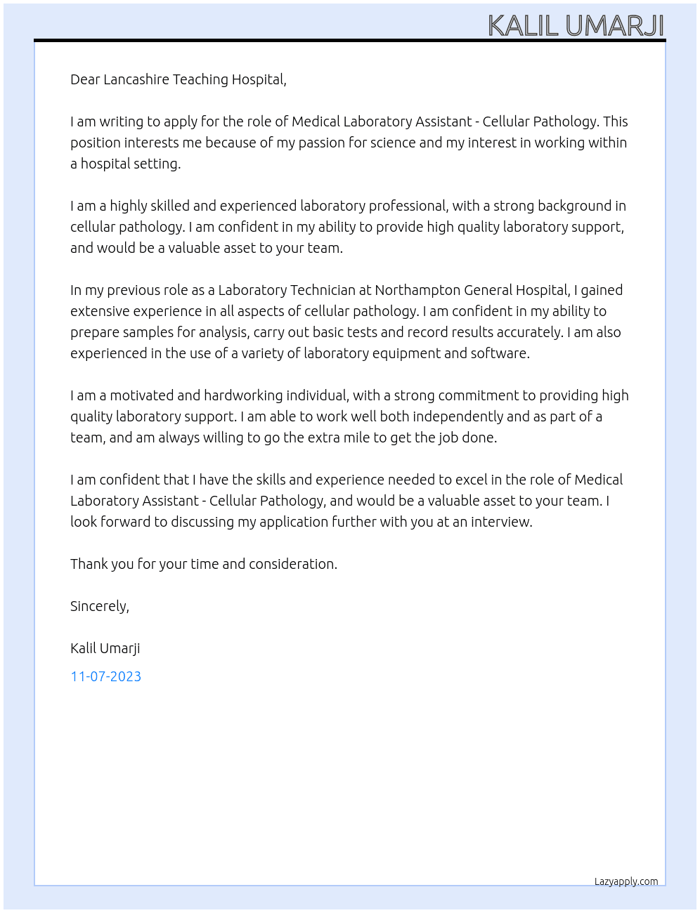 Medical Laboratory Assistant - Cellular Pathology At Lancashire Teaching Hospital Cover Letter