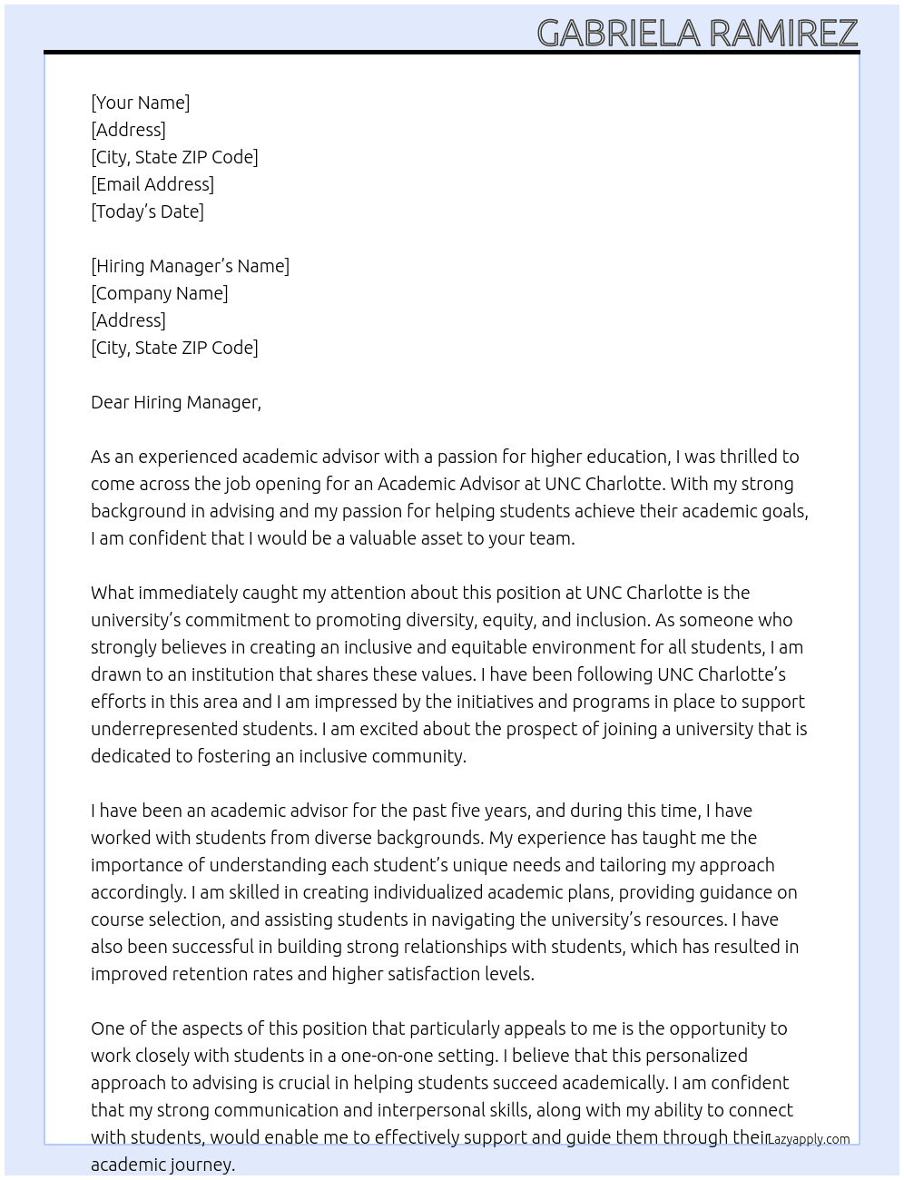 Academic Advisor At UNC Charlotte Cover Letter