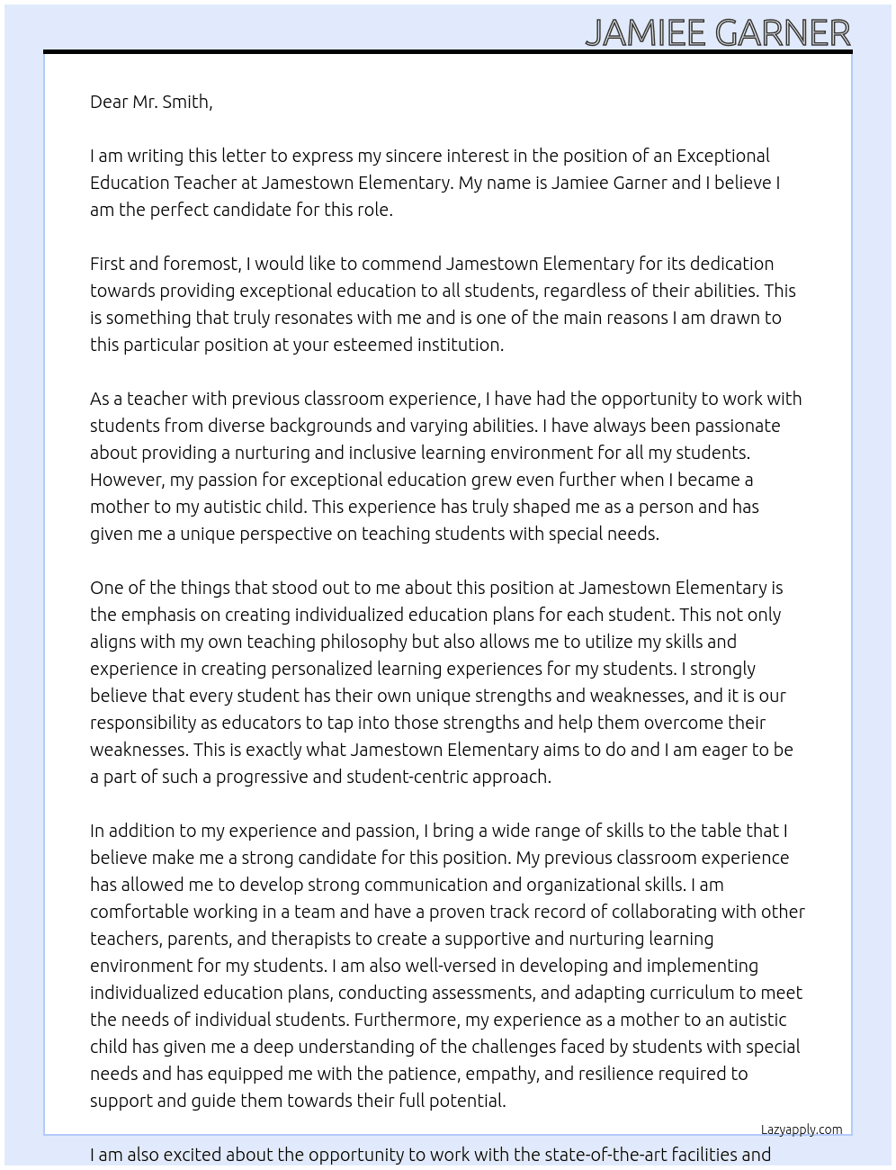 Exceptional Education Teacher At Jamestown Elementary  Cover Letter
