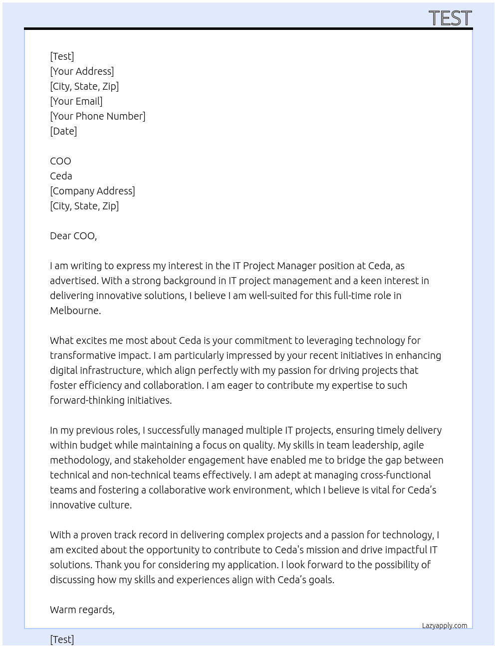 IT Project Manager At Ceda Cover Letter