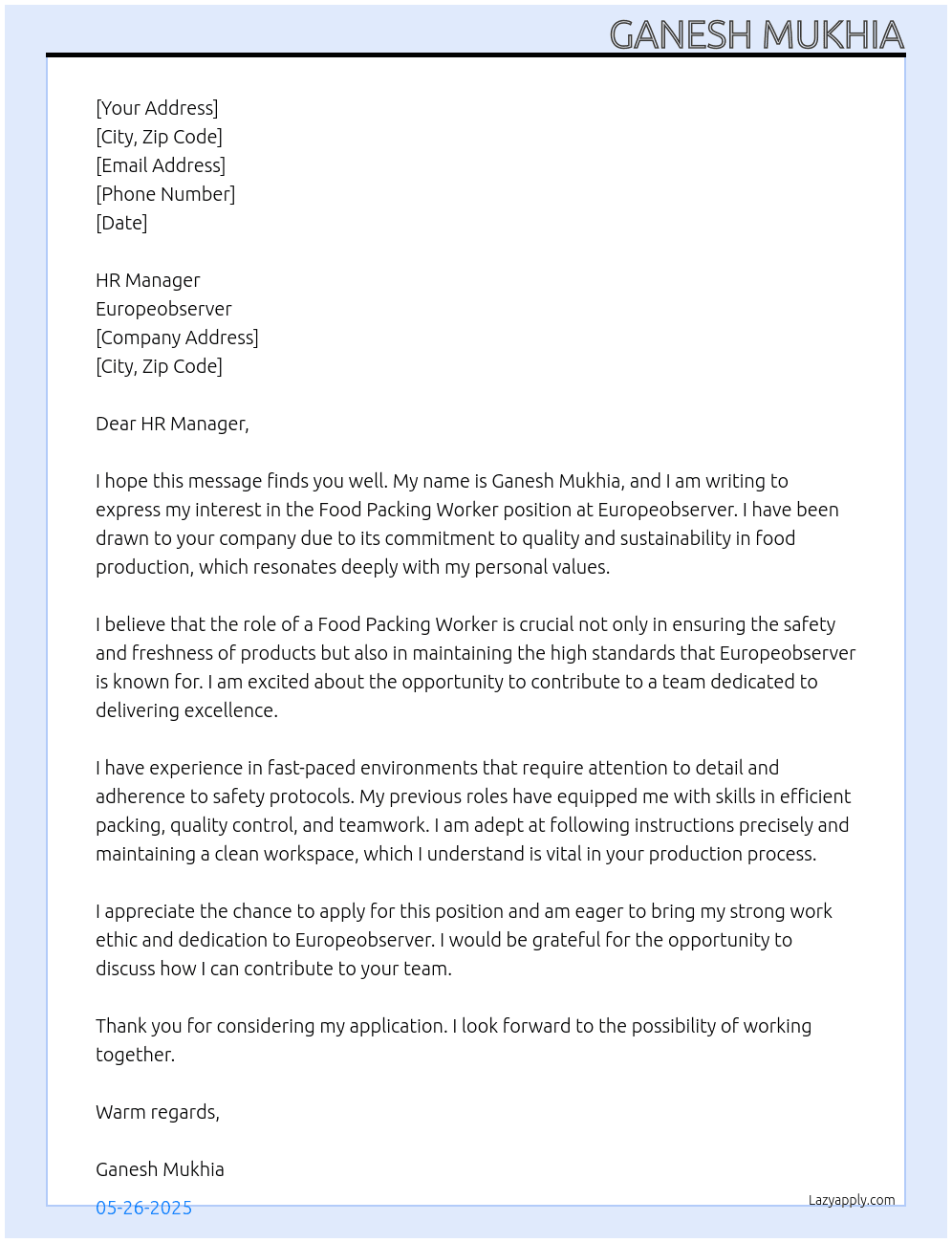Food Packing Worker At europeobserver Cover Letter
