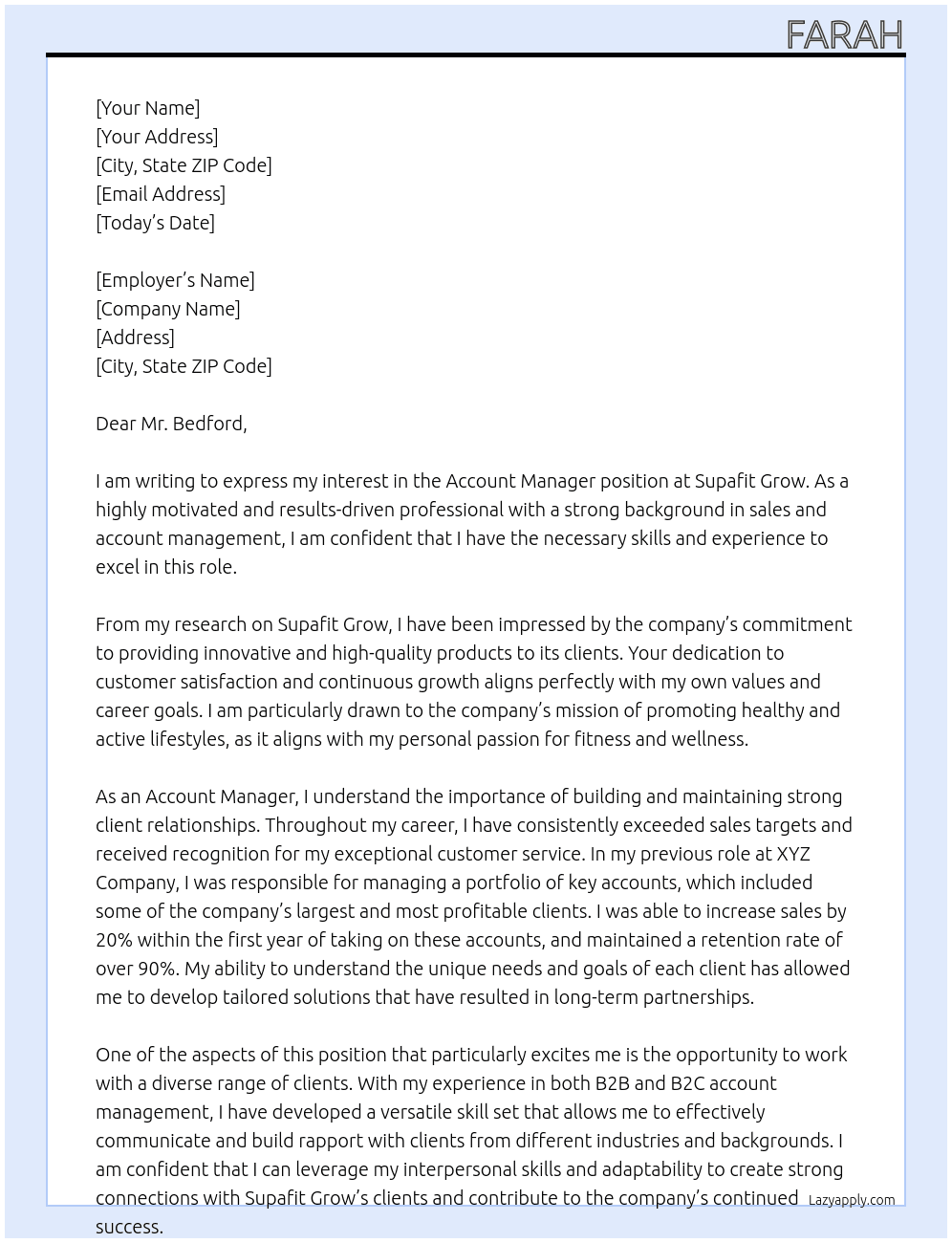 account manager At Supafit grow Cover Letter
