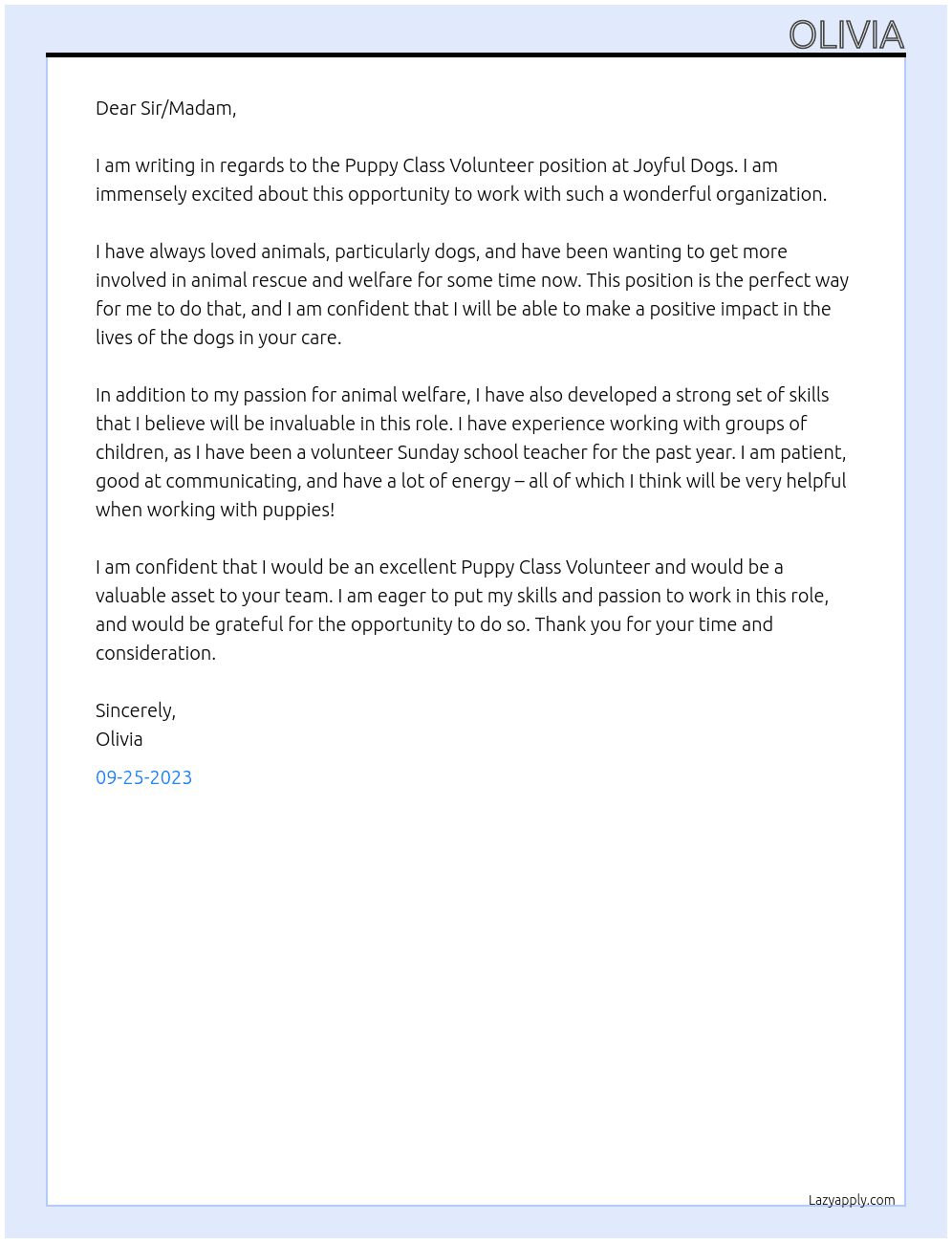 Puppy Class Volunteer At Joyful Dogs Cover Letter