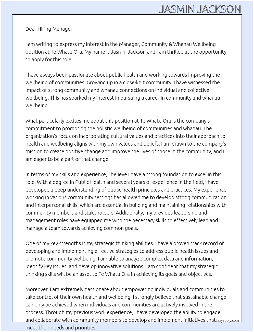 Manager, Community & Whanau Wellbeing  At Te Whatu Ora Cover Letter