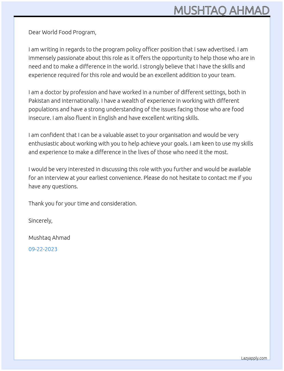 Program policy officer At WORLD FOOD PROGRAM  Cover Letter