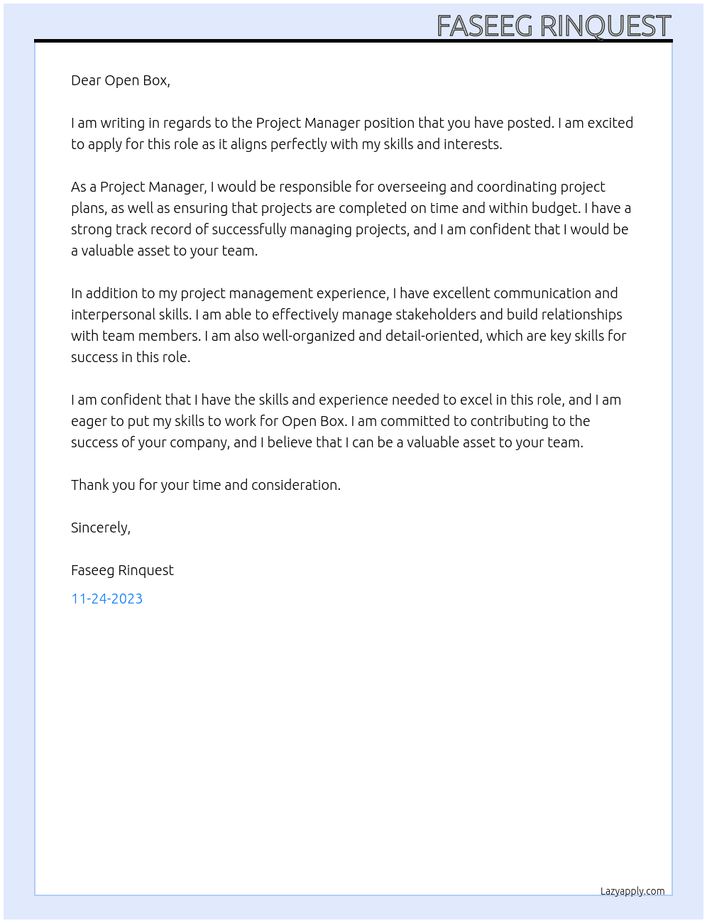 Project Manager At  Open Box Cover Letter