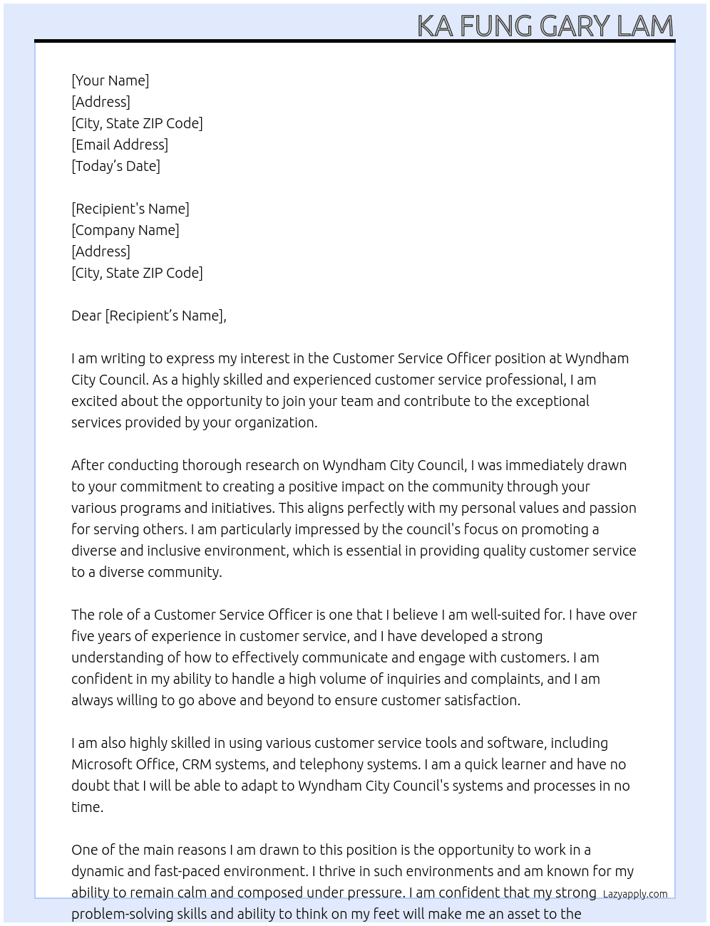 Customer Service Officer At Wyndham City Council Cover Letter