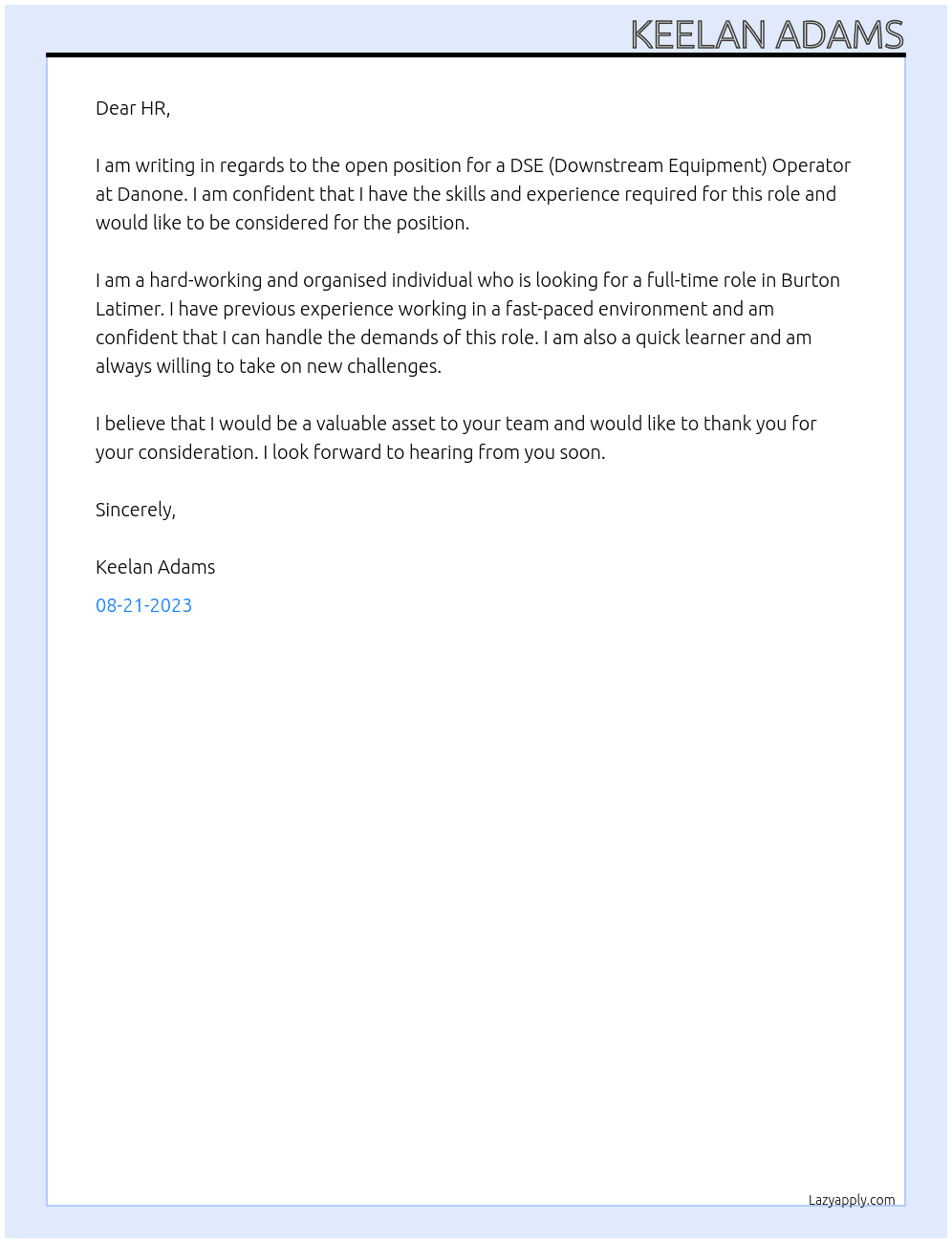 DSE (Downstream Equipment) Operator At Danone Cover Letter