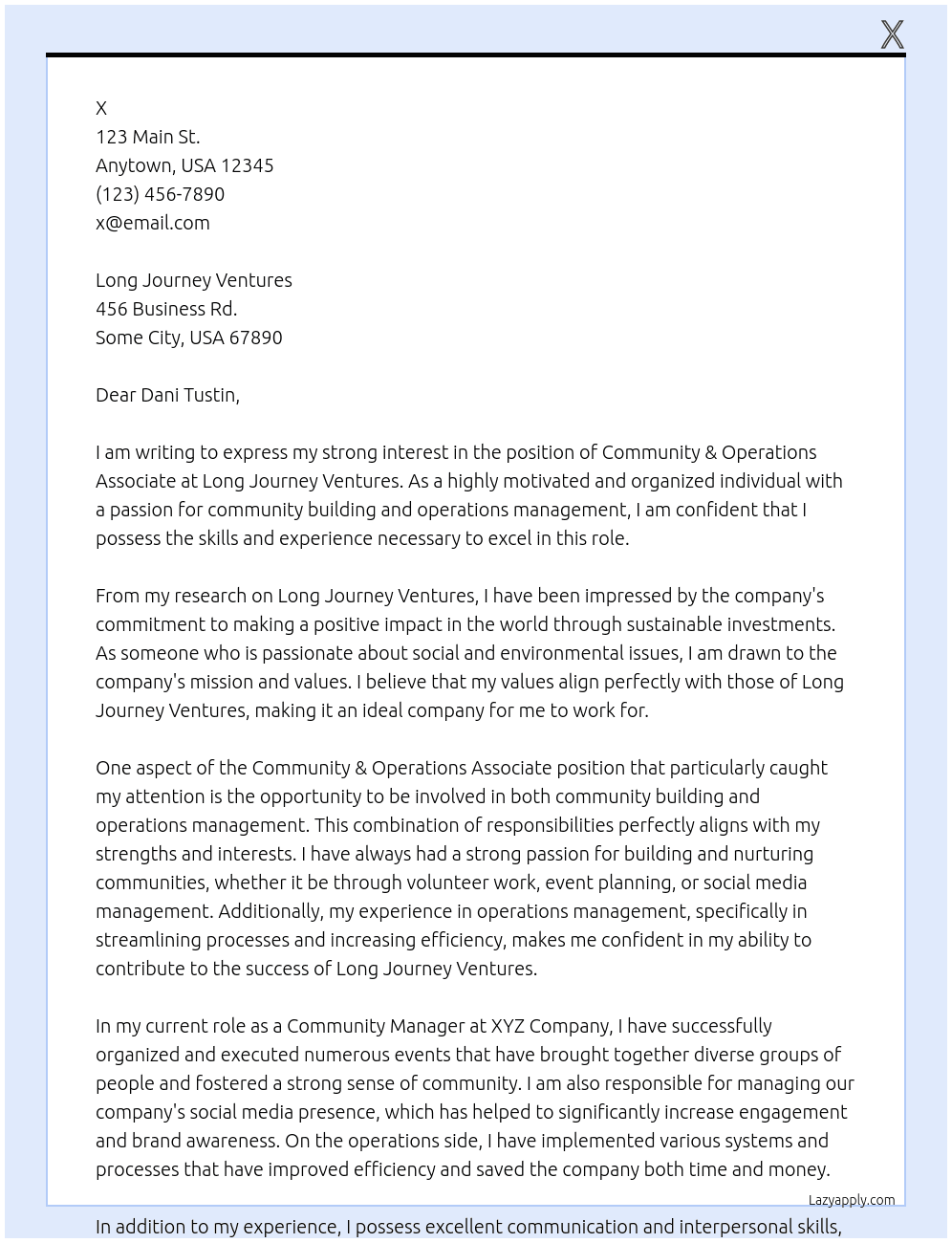 Community & Operations Associate At Long Journey Ventures Cover Letter