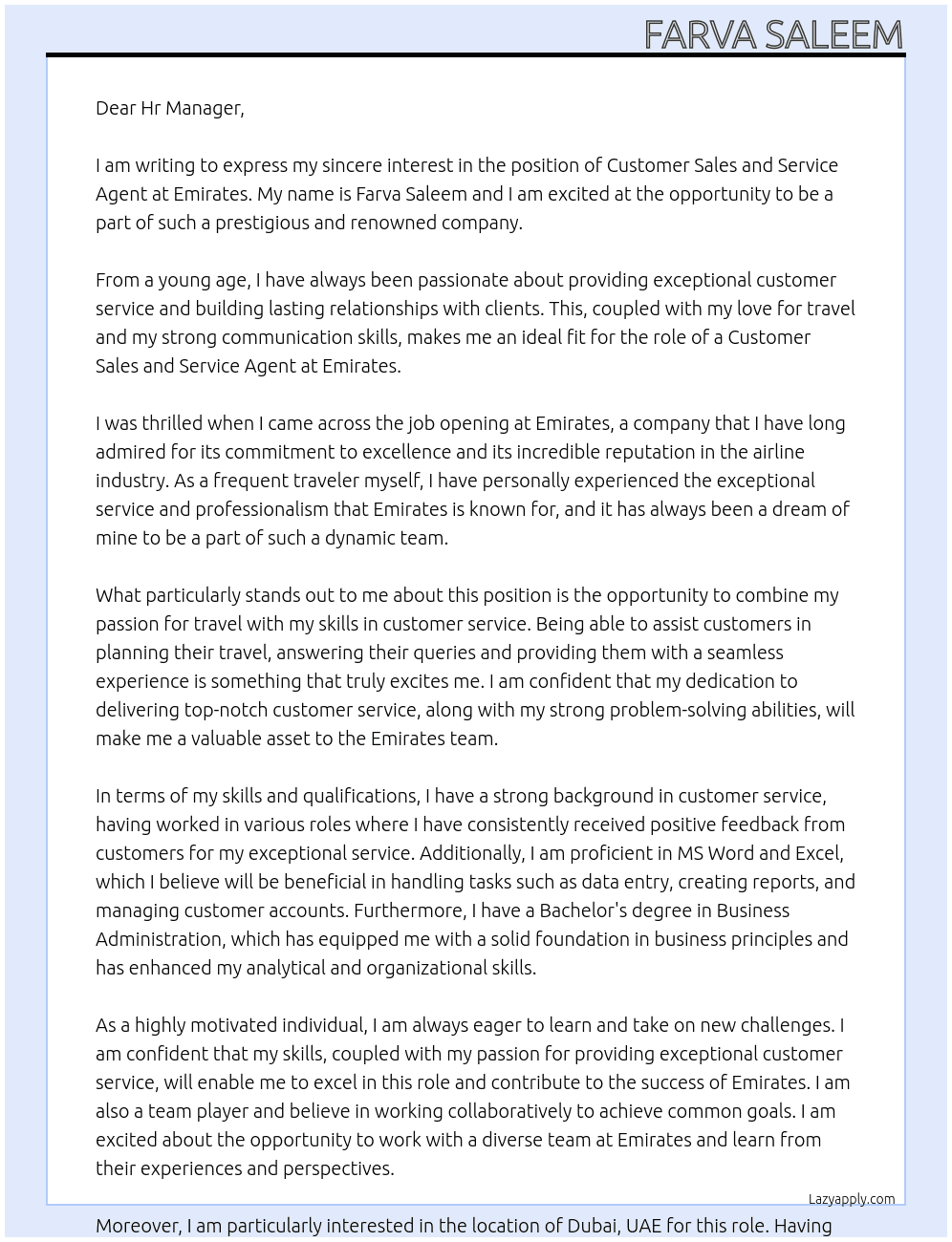 Customer sales and service agent At Emirates Cover Letter