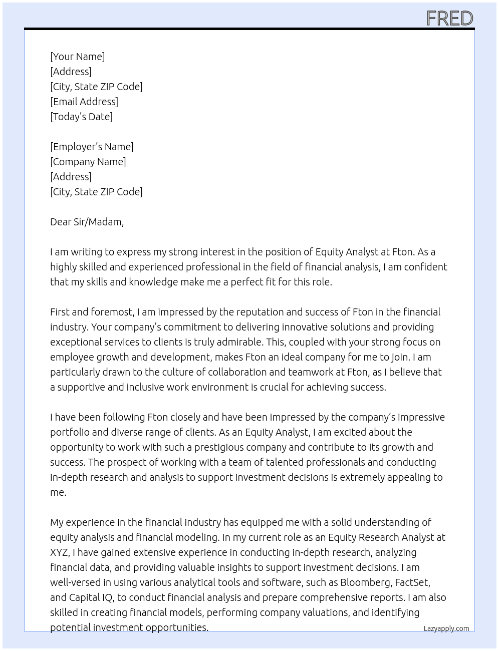 Equity analyst At Fton Cover Letter