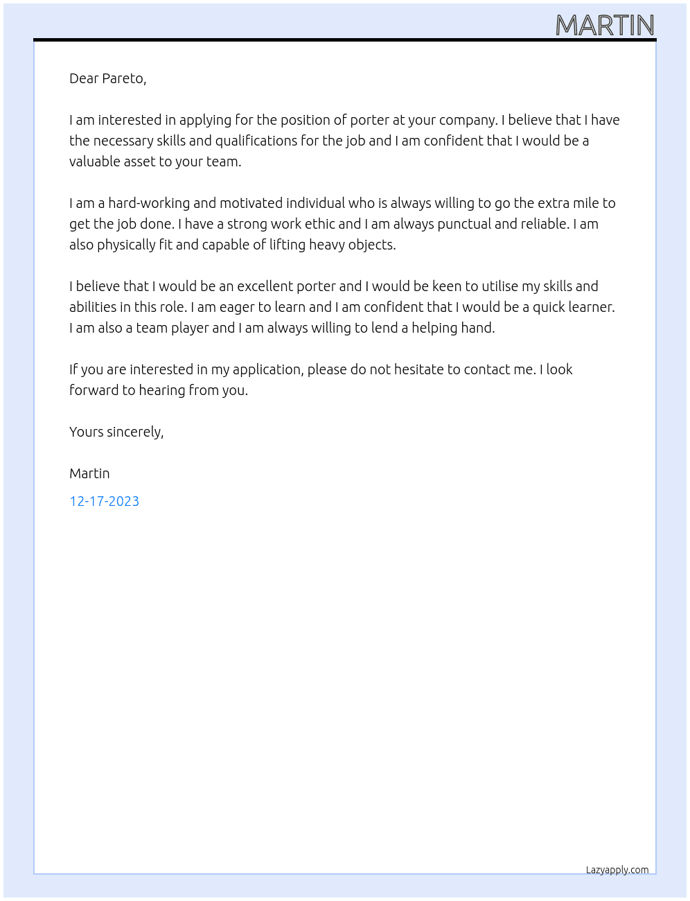 Porter At Pareto Cover Letter