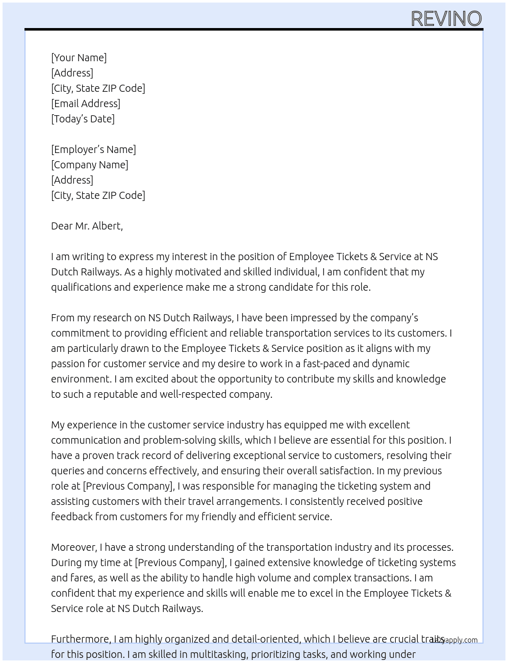 Employee Tickets & Service At NS Dutch Railways Cover Letter