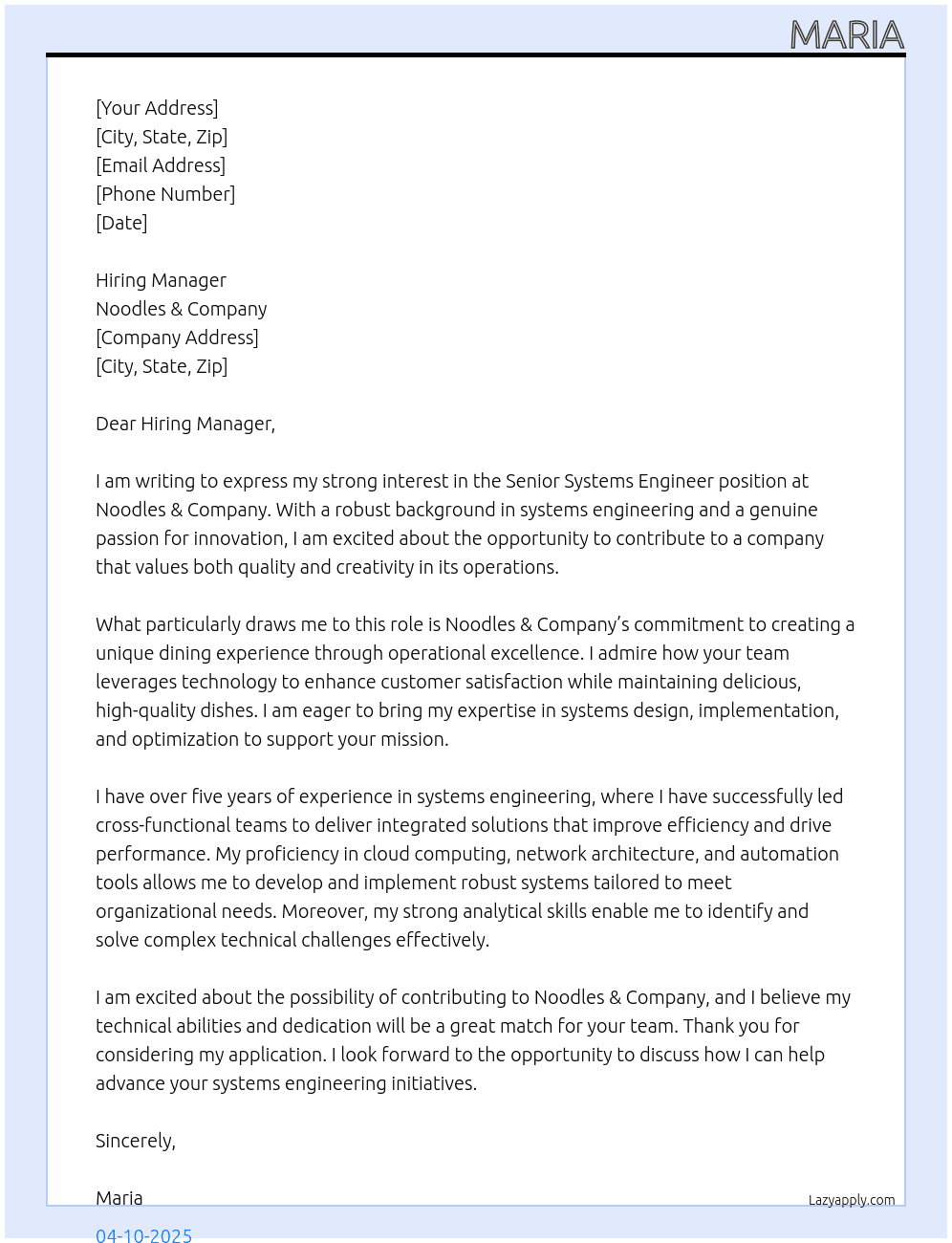 Senior Systems Engineer At Noodles & Company Cover Letter