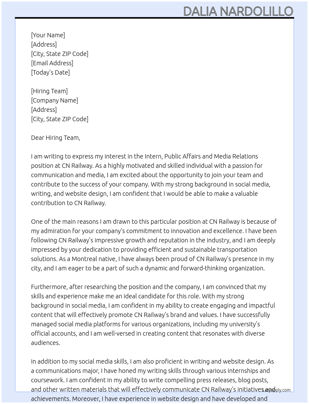 Intern, Public Affairs and Media Relations At CN railway  Cover Letter