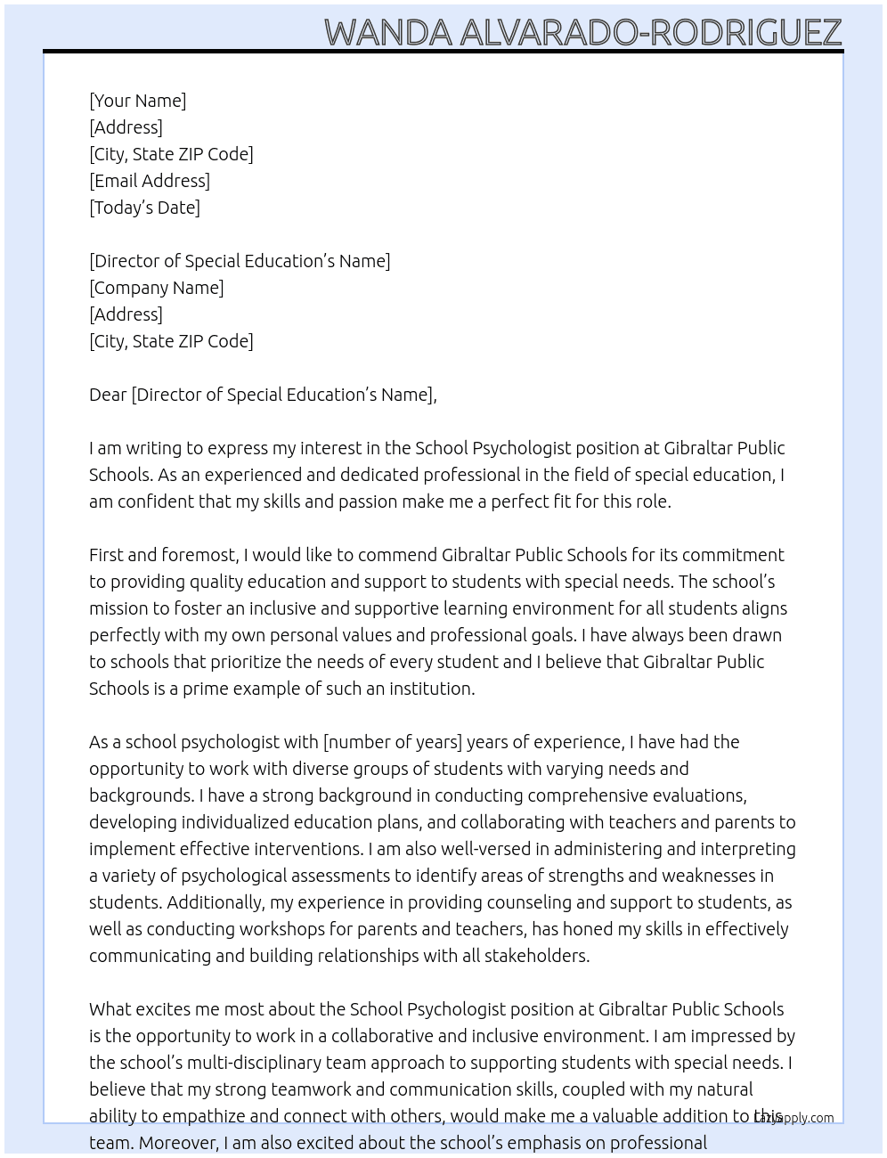 School Psychologist At Gibraltar Public Schools Cover Letter