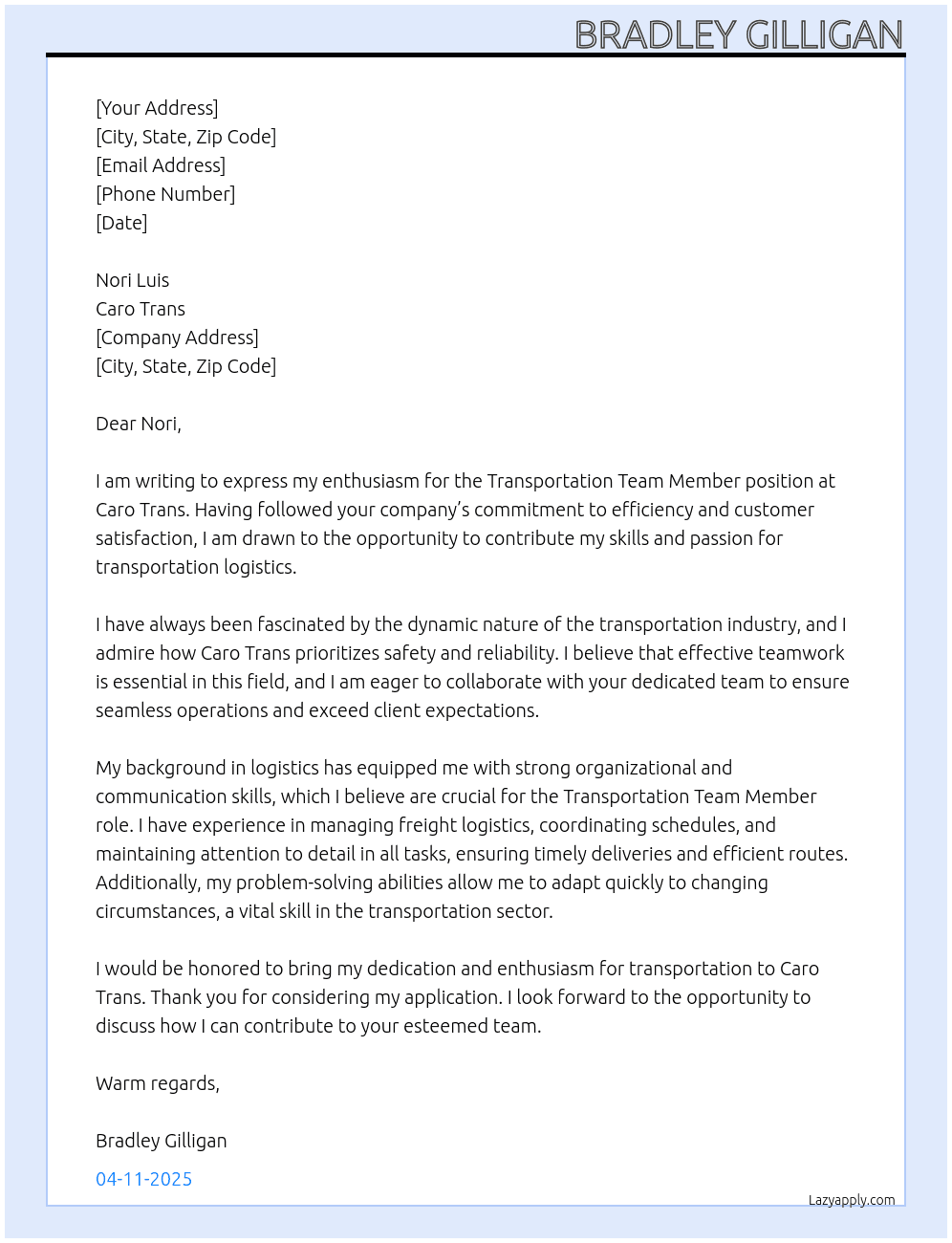 Cover letter for transportation team member - LazyApply